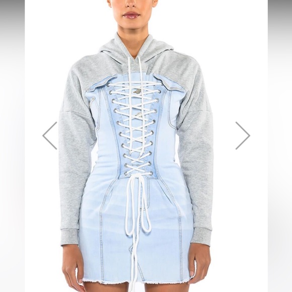 AKIRA THE LAST WORD LACE UP DENIM HOODIE MINI DRESS - Picture 2 of 13